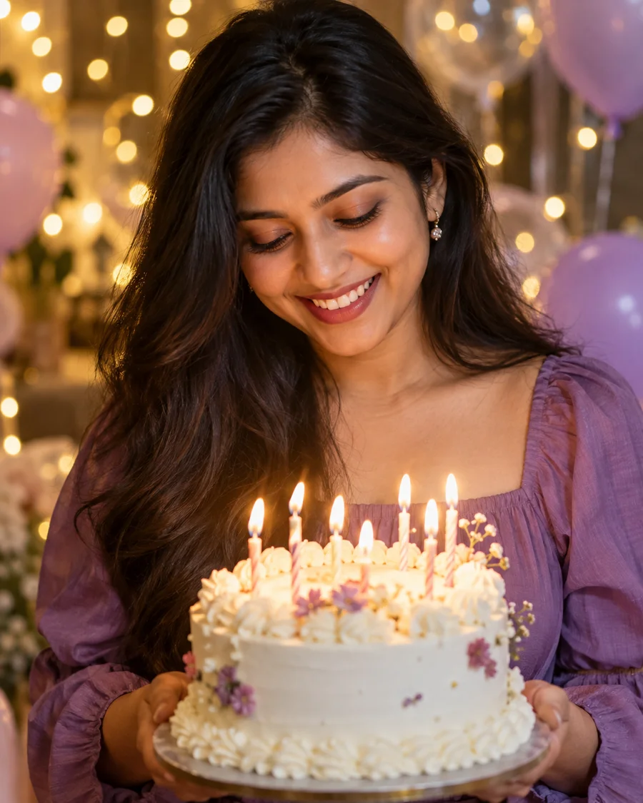 A woman smiling at her birthday cake, surrounded by warm festive lights
