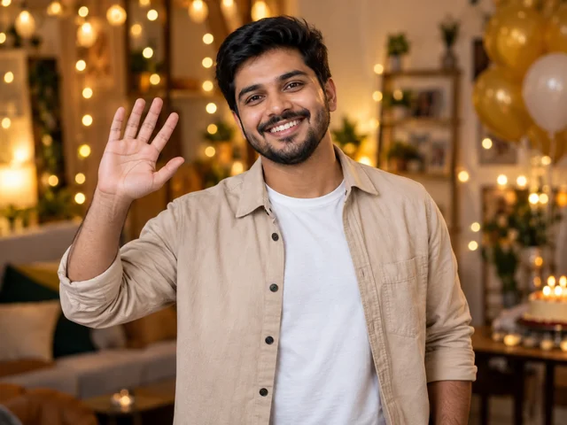 A smiling man waving hello for a birthday greeting